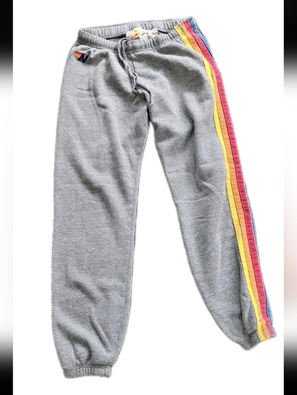 Aviator Nation 5 Stripe Sweatpants Heather Grey Rainbow Joggers Womens Size S